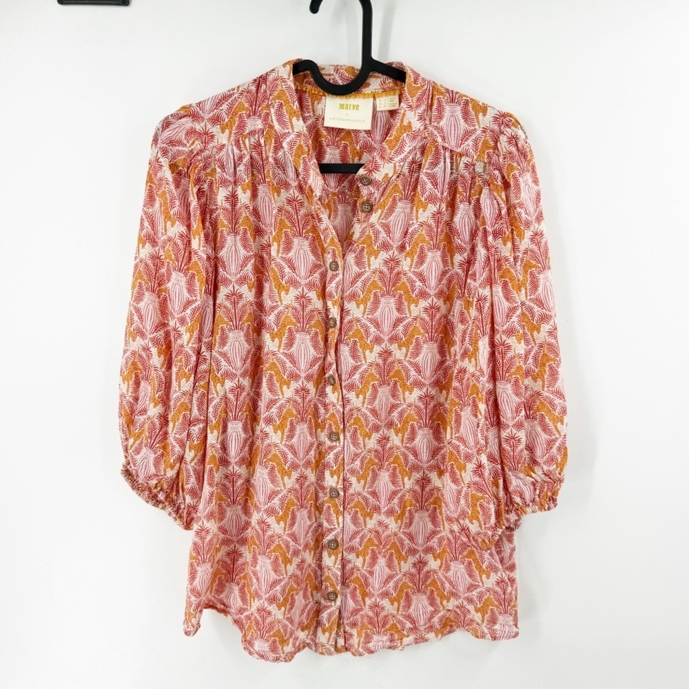 ✅ Maeve Anthropologie Kalapana‎ Tiger Shirt SIZE 2 ORANGE AND PINK
